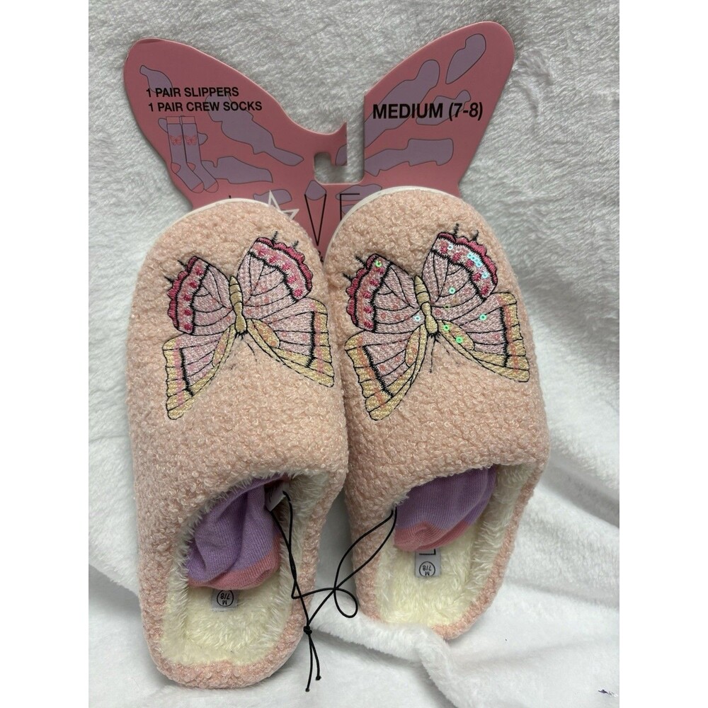 Pink Butterfly Plush Slippers & Crew Socks Gift Set Women’s Medium 7-8 NW